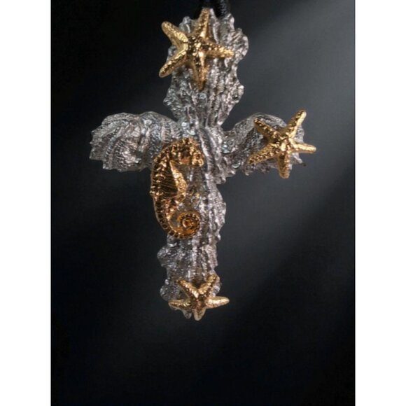 Maurice Milleur Starfish & Seahorse Cross Pendant Pewter Gold-Plated 1993 - Picture 1 of 4